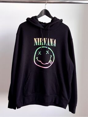 H&M Divided Nirvana Graphic Hoodie Black Neon Ombre Smiley Face Pullover L